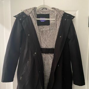 Seraphine faux fur lined maternity jacket with kangaroo pouch